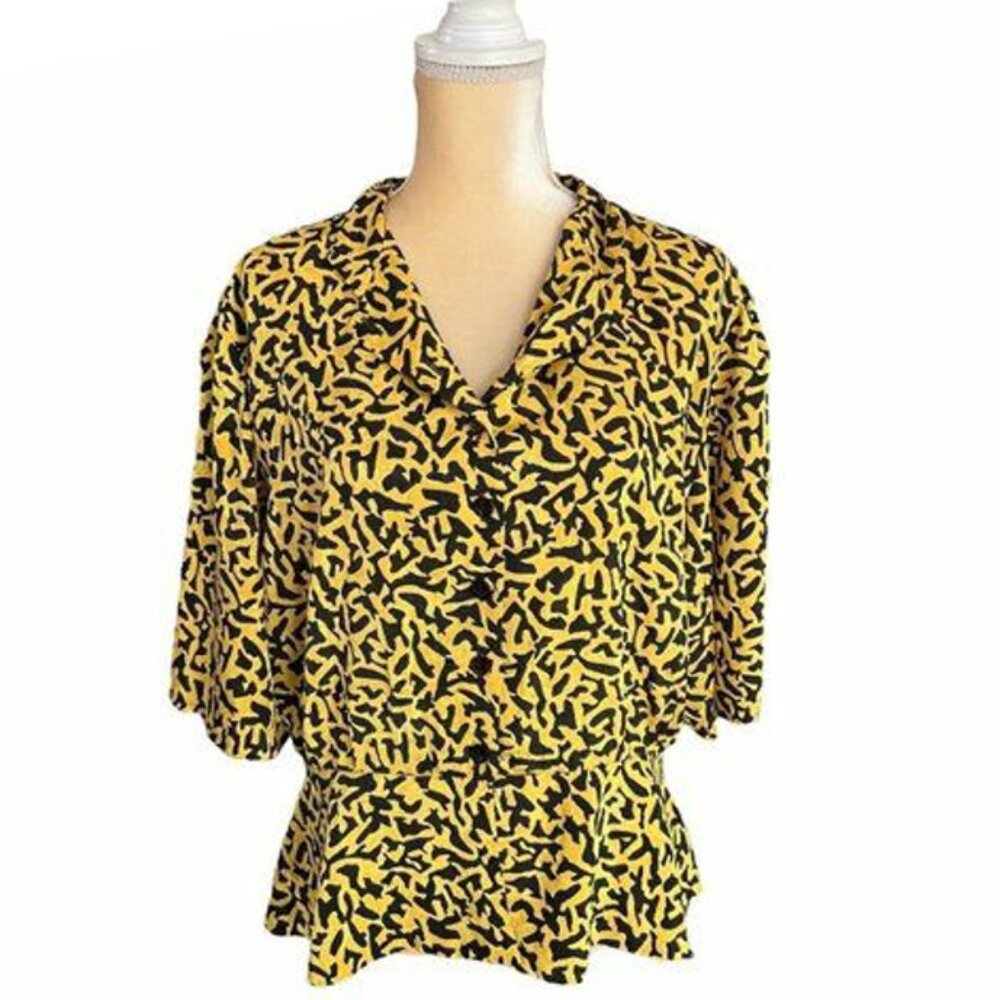 Vintage Ted Lapidus Couture Silk Animal Print Short Sleeve Blouse size L / XL